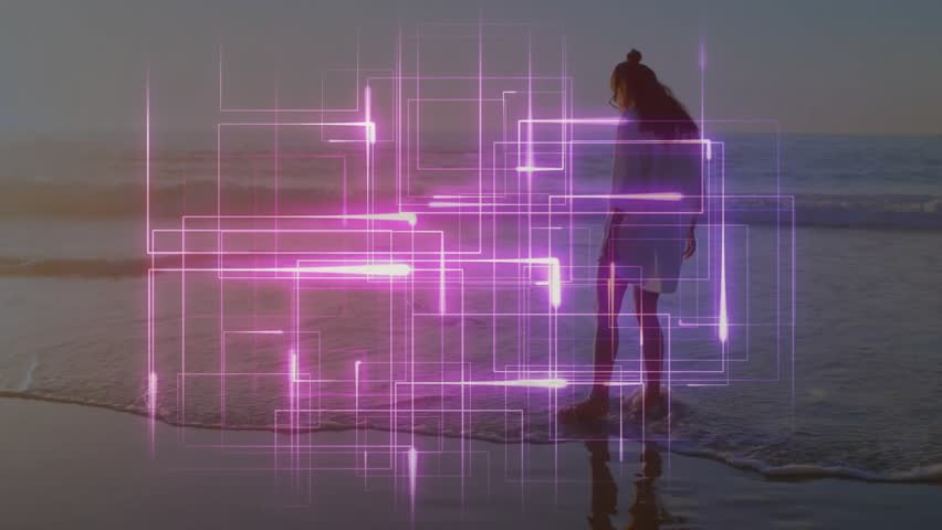 Woman stepping into sunset surf and initiating neon tech grid exploring circuitry patterns on water. Futuristic, digital, serenity, innovation, cyber, immersive, ethereal - Powered by Shutterstock - Get 15% off with code: PIKWIZARD15