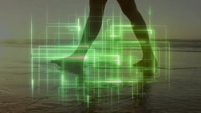 Woman stepping into rippling sea at sunset activating pulsing neon grid overlay showing digital art. Futuristic, serenity, minimalism, technology, landscape, abstraction, reflection - Powered by Shutterstock - Get 15% off with code: PIKWIZARD15