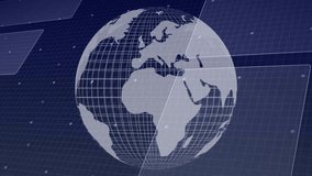 On start animating wireframe globe, spinning HUD rings and rising bar charts visualizing data. Futuristic, data, visualization, digital, technology, interface, global - Powered by Shutterstock - Get 15% off with code: PIKWIZARD15