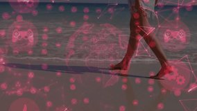 Woman stepping onto wet sand and activating digital overlay while mapping technology connectivity. Technology, connectivity, digital, seaside, navigation, innovation, communication - Powered by Shutterstock - Get 15% off with code: PIKWIZARD15