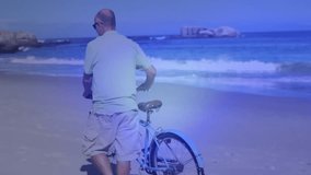 Senior man initiating pushing bike, checking phone on beach, navigation map overlay guiding route. Adventure, exploration, technology, travel, outdoor, discovery, connectivity - Powered by Shutterstock - Get 15% off with code: PIKWIZARD15