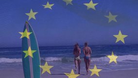 Two women entering frame and jogging into sea with drifting stars overlay boosting travel marketing. Beach, surf, ocean, leisure, friendship, outdoor, vibrant - Powered by Shutterstock - Get 15% off with code: PIKWIZARD15