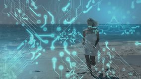 Woman walking beach starting turquoise circuit overlay brushing hair spinning showcasing technology. Futuristic, digital, innovation, connectivity, lifestyle, minimalistic, vibrant - Powered by Shutterstock - Get 15% off with code: PIKWIZARD15