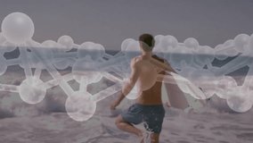 Adult male surfer stepping into surf with surfboard, viewing molecular tech overlay above waves. Adventure, innovation, connectivity, aquatic, technology, outdoor, vitality - Powered by Shutterstock - Get 15% off with code: PIKWIZARD15