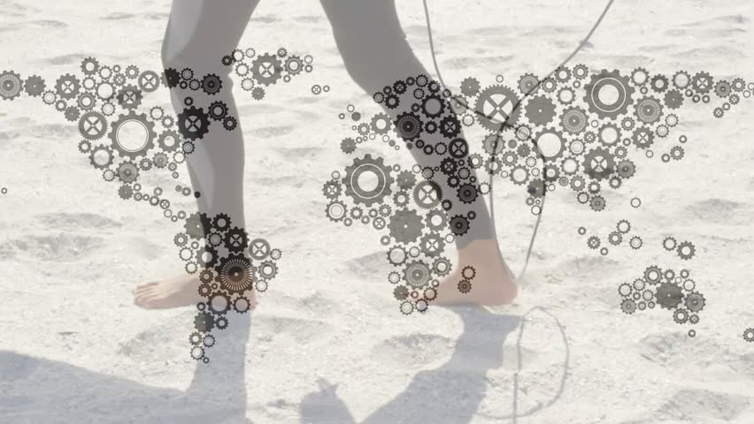 Surfer stepping initiating leash swinging while tech world-map overlay animating on sand. Beach, footwear, shadows, movement, coastal, recreation, technology - Powered by Shutterstock - Get 15% off with code: PIKWIZARD15