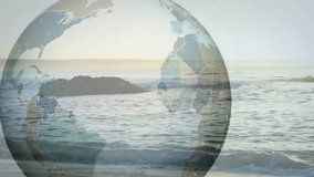 Digital globe fading over sunset showing travel tech bubble as surfer entering water carrying board. Oceanscape, sunset, technology, globe, marine, adventure, exploration - Powered by Shutterstock - Get 15% off with code: PIKWIZARD15