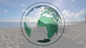 man sitting cross-legged beachside, globe fading in and rotating, educating on continents. Seascape, exploration, serenity, global, mindfulness, landscape, transition - Powered by Shutterstock - Get 15% off with code: PIKWIZARD15