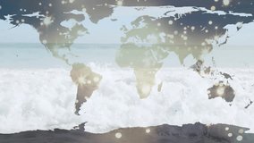 Animation starting transparent map overlay emergence on beach, showing finance data pulsing light. Global, connectivity, technology, data visualization, infinitesimal, modern, digital - Powered by Shutterstock - Get 15% off with code: PIKWIZARD15