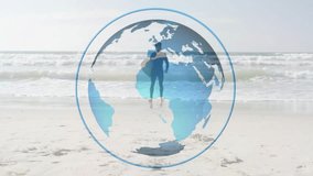 Globe rotating over travel beach, surfer emerging with yellow surfboard walking forward for travel. Astronomical, adventure, exploration, wellness, leisure, horizon, scenic - Powered by Shutterstock - Get 15% off with code: PIKWIZARD15