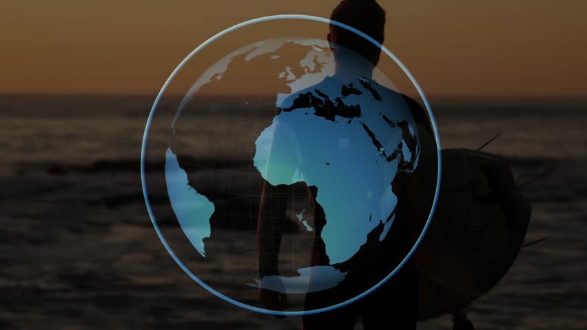 Surfer carrying surfboard arriving sunset beach activating globe overlay rotating showcasing tech. Adventure, exploration, serenity, technology, horizon, connectivity, global - Powered by Shutterstock - Get 15% off with code: PIKWIZARD15