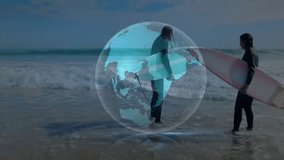Surfers standing shoreline exchanging light orb and activating rotating digital globe for tech demo. Adventure, digital, innovation, teamwork, vibrant, outdoor, dynamic - Powered by Shutterstock - Get 15% off with code: PIKWIZARD15
