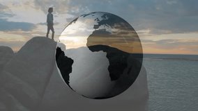 Woman on rock at sunset, rotating globe overlay, lifting smartphone and initiating business call. Adventure, exploration, connectivity, mindfulness, serenity, outdoor, technology - Powered by Shutterstock - Get 15% off with code: PIKWIZARD15