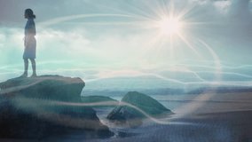 Woman standing at coastal rock edge starting squat into meditation for wellness with light patterns. Scenic, contemplative, serene, natural, tranquil, reflective, mindfulness - Powered by Shutterstock - Get 15% off with code: PIKWIZARD15