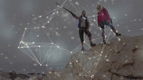 Hikers raising camera pole and scanning sea view driving animated tech network mapping exploration. Adventure, exploration, technology, connectivity, landscape, rugged, outdoor - Powered by Shutterstock - Get 15% off with code: PIKWIZARD15