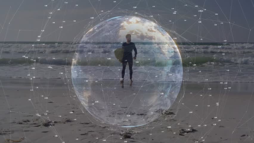 Surfer emerging onto beach and scanning horizon checking conditions beneath tech sphere overlay. Adventure, exploration, technology, innovation, resilience, coastal, outdoor - Powered by Shutterstock - Get 15% off with code: PIKWIZARD15