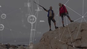 Male hiker lifting trekking pole to horizon and guiding partner while technology overlay emerging. Adventure, exploration, technology, outdoors, landscape, teamwork, innovation - Powered by Shutterstock - Get 15% off with code: PIKWIZARD15
