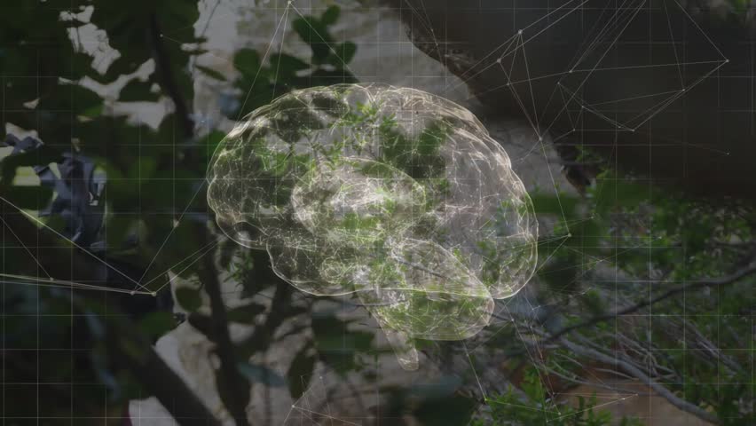 Arborist entering technology demo and cutting branches with pole saw while brain mesh guiding cuts. Neuroscience, ecology, innovation, outdoor, safety, planning, harmony