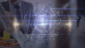 Businesswoman showing tablet screen to colleague causing data network sphere forming in business. Technology, collaboration, innovation, digital, infographic, professional, futuristic - Powered by Shutterstock - Get 15% off with code: PIKWIZARD15