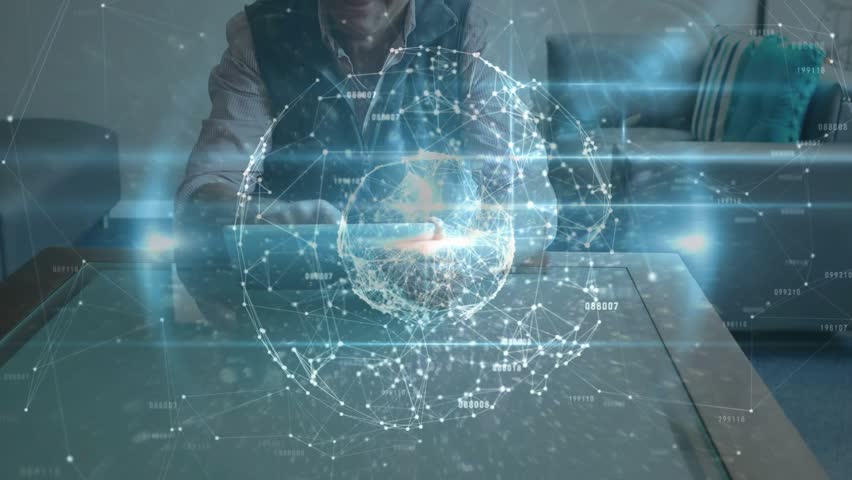 Senior man tapping tablet, controlling hologram rotating network regions for tech data inspection. Technology, innovation, connectivity, digital, futurism, smart device, data visualization - Powered by Shutterstock - Get 15% off with code: PIKWIZARD15