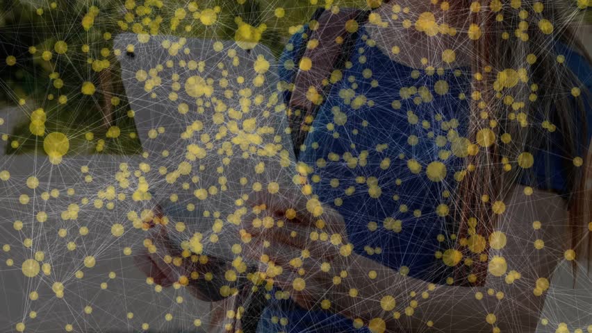 Teenage girl tapping tablet in sunlit park and causing pulsing network visualization in tech demo. Technology, connectivity, youth, outdoor, innovation, digital, nature - Powered by Shutterstock - Get 15% off with code: PIKWIZARD15