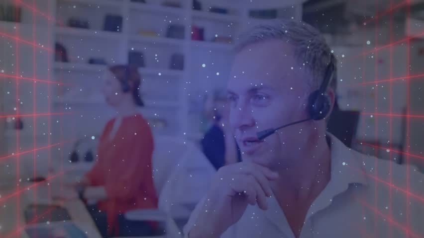 Call center agent receiving call, adjusting mic, speaking to assist customer with coworker typing. Professional, collaboration, communication, technology, teamwork, modern, business - Powered by Shutterstock - Get 15% off with code: PIKWIZARD15
