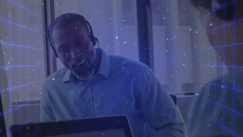 Businessman starting virtual call, adjusting headset mic and reviewing laptop with animated grid. Professional, communication, digital, futuristic, collaboration, corporate, technology - Powered by Shutterstock - Get 15% off with code: PIKWIZARD15