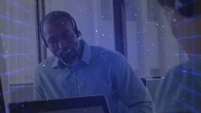 Businessman starting virtual call, adjusting headset mic and reviewing laptop with animated grid. Professional, communication, digital, futuristic, collaboration, corporate, technology - Powered by Shutterstock - Get 15% off with code: PIKWIZARD15