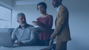 Team reviewing marketing data as network overlay animating social media icons appearing over laptop. Collaboration, teamwork, digital, innovation, communication, modern, professional - Powered by Shutterstock - Get 15% off with code: PIKWIZARD15