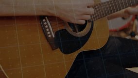 Guitarist strumming guitar showing animated waveform graphs monitoring audio while drummer joining. Music, collaboration, recording, rhythm, performance, audio, waveform - Powered by Shutterstock - Get 15% off with code: PIKWIZARD15