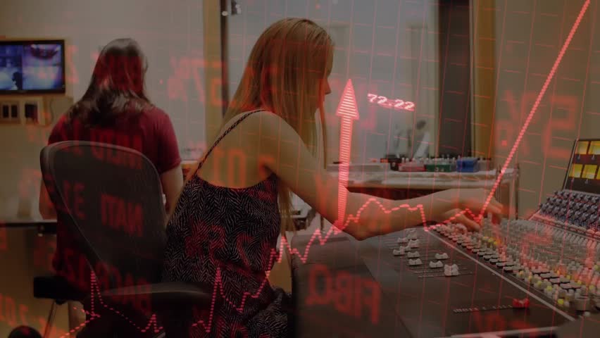 Recording engineer sliding audio faders causing red financial charts rising overlaying control room. Audio, technology, professional, digital, collaboration, dynamic, creative - Powered by Shutterstock - Get 15% off with code: PIKWIZARD15