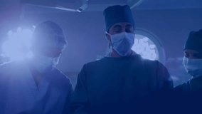 Medical team operating under lamp while notification icons appearing above heads swirling around. Surgery, medical, healthcare, teamwork, innovation, sterile, professional - Powered by Shutterstock - Get 15% off with code: PIKWIZARD15