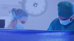 Surgeons starting surgery behind drape, spawning social media icons while assistant holding hand. Medical, healthcare, innovation, technology, professionalism, precision, responsive - Powered by Shutterstock - Get 15% off with code: PIKWIZARD15