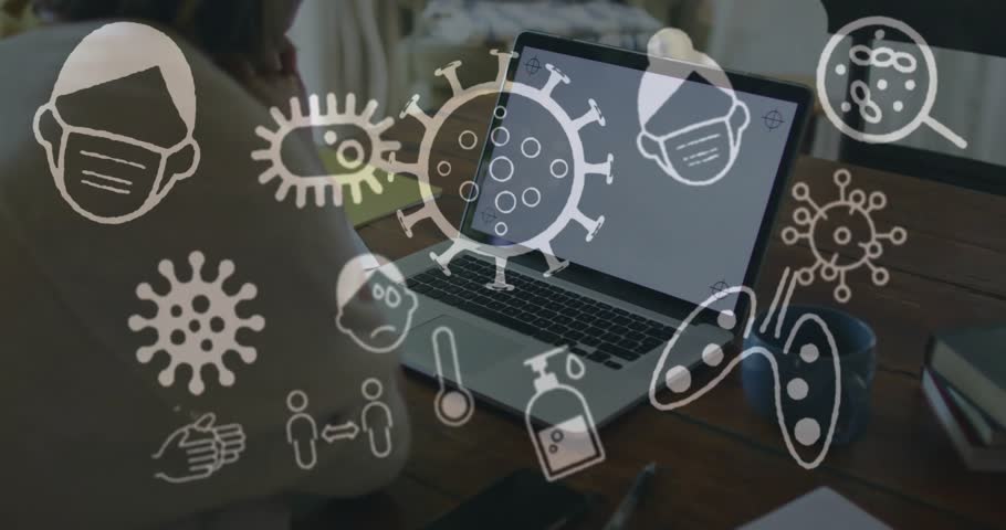 Pandemic icons drifting over home workspace revealing woman typing on laptop for health tracking. Home office, quarantine, hygiene, wellness, remote work, health awareness, modern
