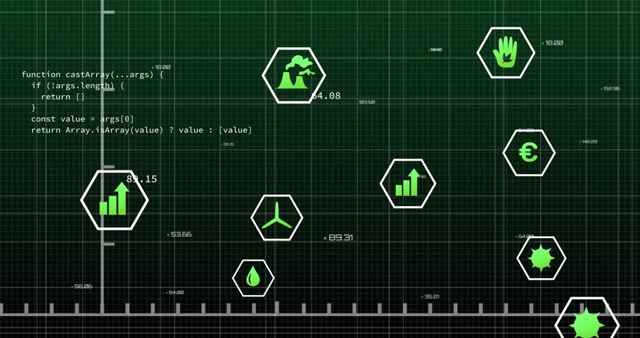 grid and code appearing polyline graph extending highlighting eco icons and updating numeric labels. Technology, sustainability, data visualization, digital interface, environmental, analytics,