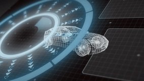 On HUD activation rotating and scanning while wireframe car receiving translucent diagnostic panels. Futuristic, technology, interface, innovation, digital, automotive, analytics - Powered by Shutterstock - Get 15% off with code: PIKWIZARD15