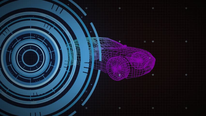 Animating grid initiating code overlays looping HUD rings and rotating 3D wireframe car for UI demo. Futuristic, technology, digital, interface, data visualization, 3d rendering, animation - Powered by Shutterstock - Get 15% off with code: PIKWIZARD15