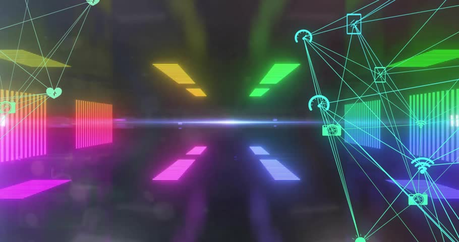 Neon corridor emerging triggers bars pulsing, icons drifting, mesh expanding illustrating data flow. Technology, digital, futuristic, networking, innovation, connectivity, cyber