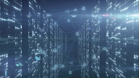 Network overlay appearing triggers camera gliding through lit server racks revealing connections. Futuristic, cyber, technology, innovation, connectivity, digital, abstract - Powered by Shutterstock - Get 15% off with code: PIKWIZARD15