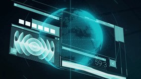 Upon playback starting, UI rotating globe with pulsing waveform and bars visualizing network growth. Holographic, futuristic, data, analytics, digital, visualization, technological - Powered by Shutterstock - Get 15% off with code: PIKWIZARD15