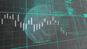 After candlestick bars hitting low point, 3D chart showing market rebound over rotating globe. Financial, data, analytics, digital, futuristic, technology, visualization - Powered by Shutterstock - Get 15% off with code: PIKWIZARD15