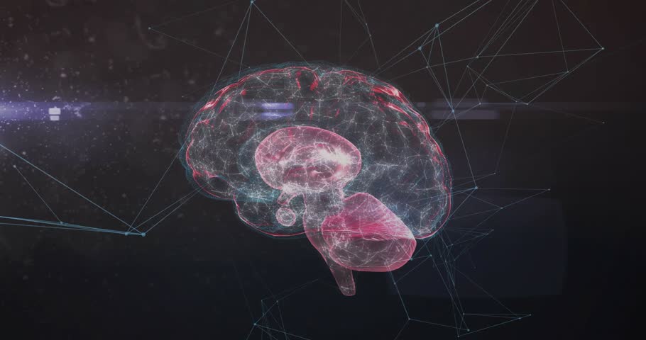 Upon appearing transparent 3D brain rotating pulsing strands and glitching bars mapping network. Futuristic, neural, digital, innovation, technology, connectivity, science