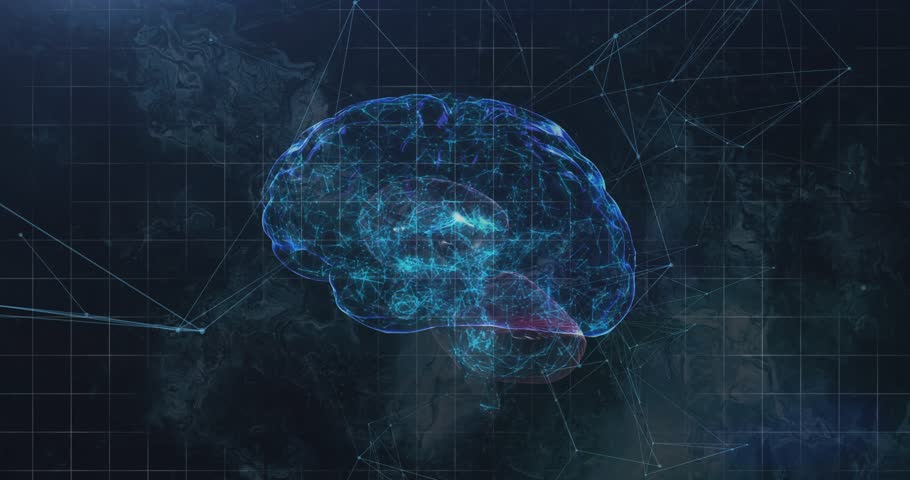 3D brain hologram starting left, DNA helix sliding while brain rotating forward for visualization. Hologram, innovation, futuristic, biotechnology, neuroscience, digital, science