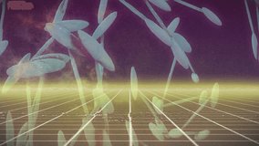 Oblong shapes drifting over grid forming rotating double helix with golden beam scanning below. Futuristic, science, digital, abstract, technology, glowing, dynamic - Powered by Shutterstock - Get 15% off with code: PIKWIZARD15