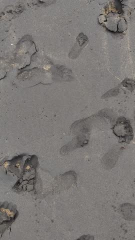 Black sand beach. Human footprints on the beach.