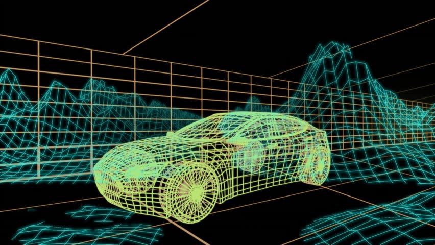 Rainbow glow forming behind neon car causing lens flare moving across space showing wireframe car. Futuristic, cyberspace, digital, virtual, kinetic, vibrant, aerodynamic