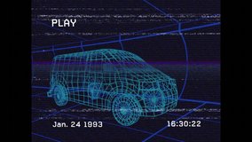 Timecode incrementing triggers glitching across ring-encircled wireframe van visualizing playback. Futuristic, digital, abstract, motion, technology, neon, cyber - Powered by Shutterstock - Get 15% off with code: PIKWIZARD15