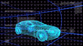 Following grid activation, chamber projecting vector lines enveloping wireframe coupe for analysis. Technology, innovation, 3d modeling, digital design, automotive, futuristic, simulation - Powered by Shutterstock - Get 15% off with code: PIKWIZARD15