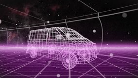 Wireframe van appearing on neon purple grid rotating with pulsing scanline evoking retro vibe. Futuristic, cyberpunk, digital, geometric, abstract, technology, motion - Powered by Shutterstock - Get 15% off with code: PIKWIZARD15