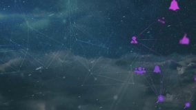 When alert triggers, purple bell icon rising along user, like, group icons visualizing alert update. Connectivity, digital, network, technology, communication, data, cyberspace - Powered by Shutterstock - Get 15% off with code: PIKWIZARD15