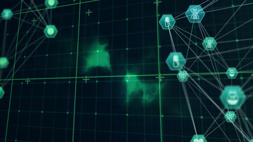 Center point appearing and forming network globe, pulsing medical icons linking data analysis. Technology, innovation, data, connectivity, visualization, digital, science - Powered by Shutterstock - Get 15% off with code: PIKWIZARD15